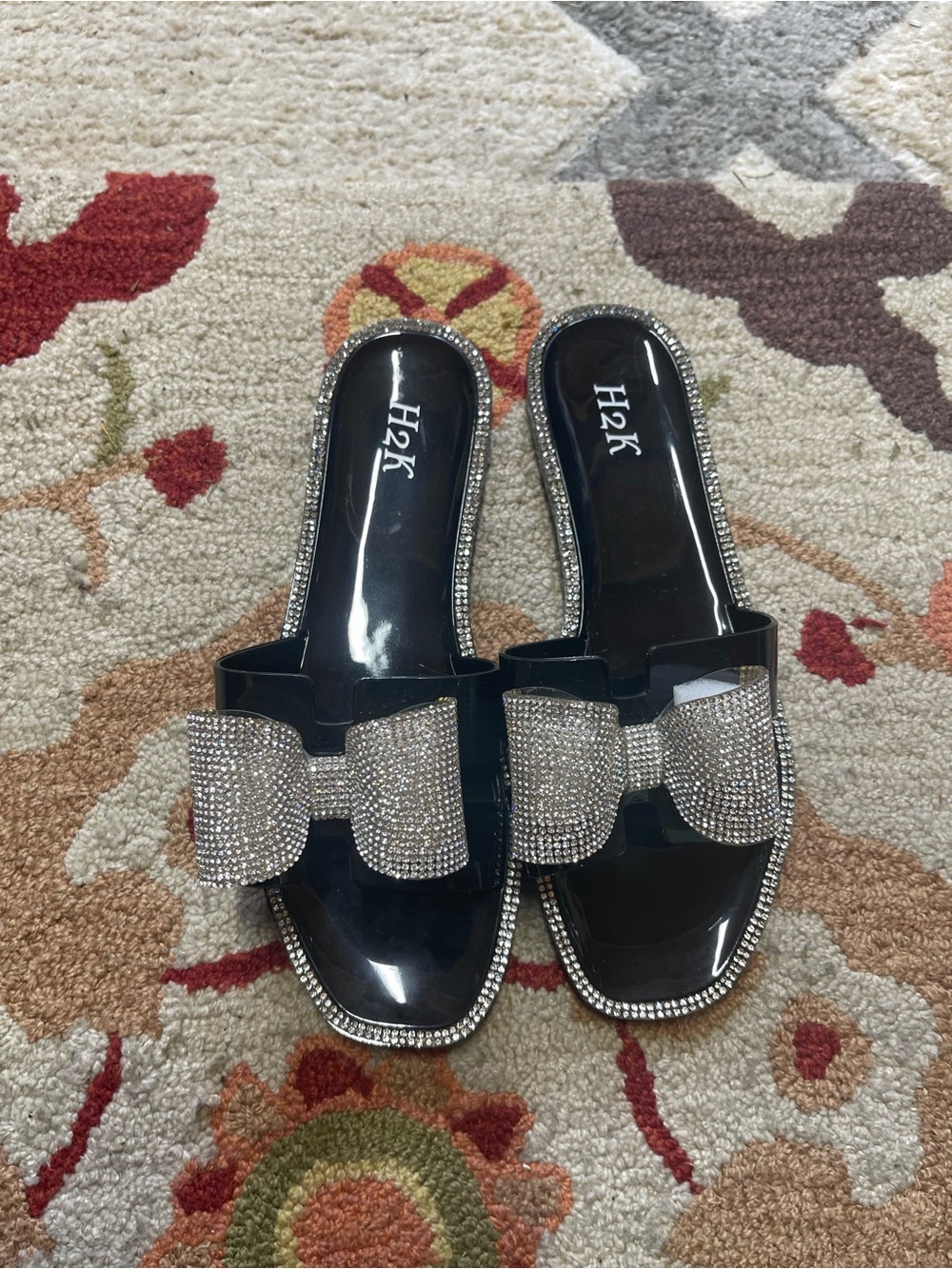 New H2K Women's Black Rhinestone  slides size 7